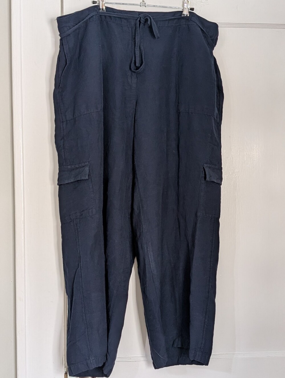 J Jill Women's Sz 26 Linen Pants Belt Tie Navy Blue Coastal Lightweight Breezy